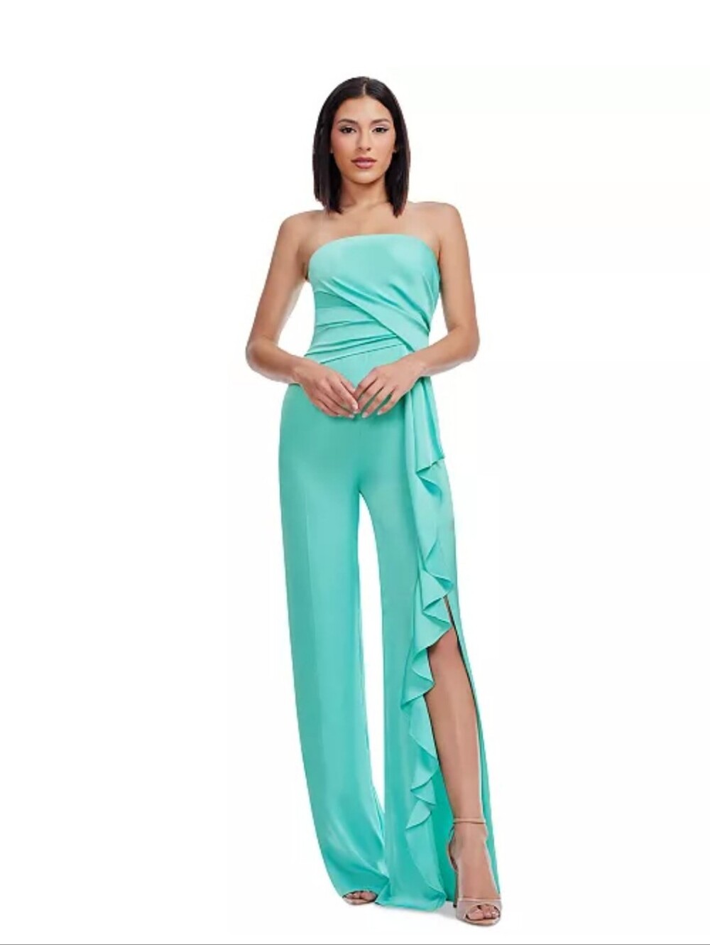 Dress the Population Aqua Satin Draped Wide Leg Jumpsuit NWT Medium $248